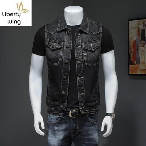 Motorcycle Black Men Denim Vest Vintage Sleeveless Biker Jean Jacket Single Breasted Fashion Work Vests Male With Many Pockets