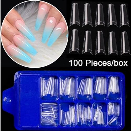 100pcs/box Long Half Cover Coffin Fake Nails Ballerina French False Nail Tips Clear Natural Coffin Fake Nails Ballet Flat Shape