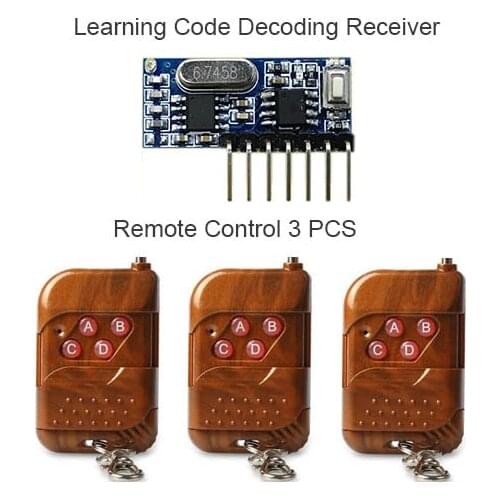 3pcs 433Mhz Remote Control and 1pcs 433 Mhz Wireless Receiver Learning Code 1527 Decoding Module 4Ch output With Learning Button