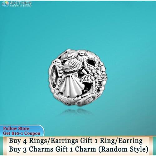 Ahthen 925 Sterling Silver Bead Openwork Starfish, Shells & Hearts Charms fit Original Pandora Bracelets Women Jewelry Girl Gift