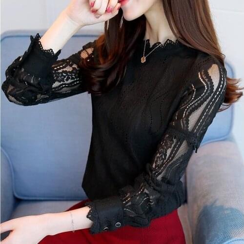 Womens Spring Autumn Style Blouse Shirt Womens Hollow Out Embroidery Solid Color Turtleneck Long Sleeve Lace Slim Tops DD8502