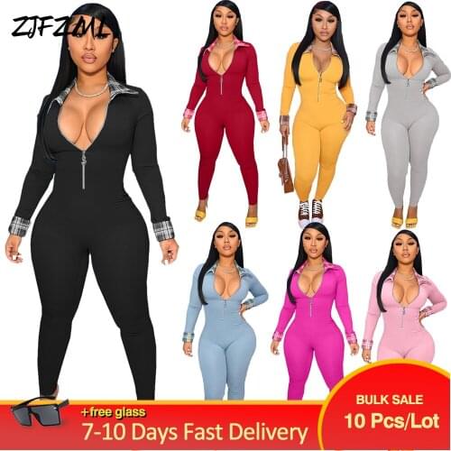 Bulk Items Wholesale Lots Womens Fitness Sporty Romper Streetwear Plaid Spliced Bandage Jumpsuit Early Autumn Party Club Outfit