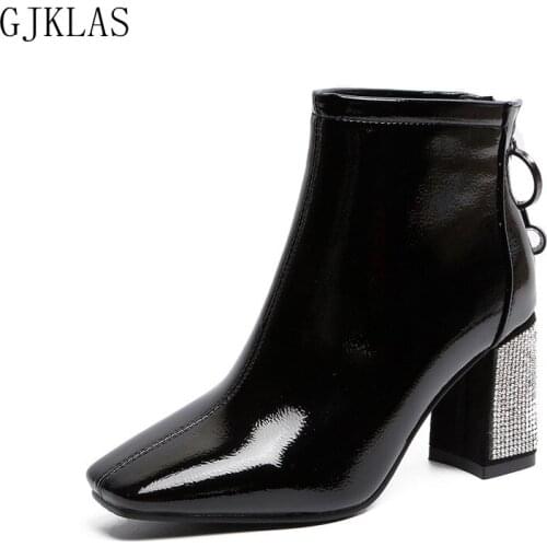 Square Toe Patent Leather Shoes High Heels Ankle Boots Femme Crystal Chunky Heels Shoes for Women Dress Wedding Boots Women