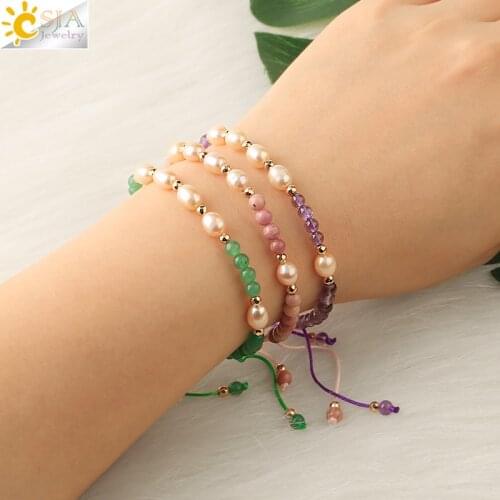 CSJA Crystal Bracelets Natural Stone Quartz Pink Pearl Beaded Tiger Eye Black Obsidian Bracelet for Women Wealth Braided G483