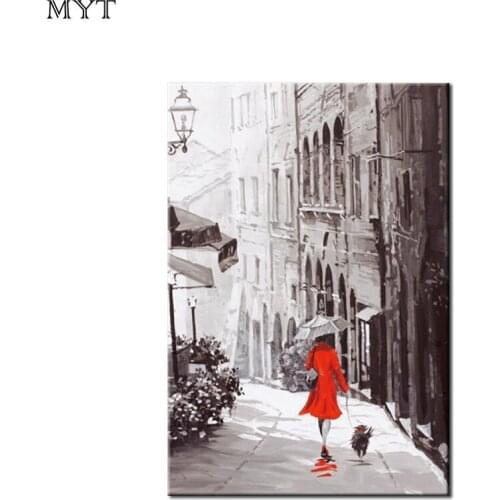 Pure handpainted Wall Art Retro Abstract City Rain Day Street red gril and dog Landscape Poster for living room home decor