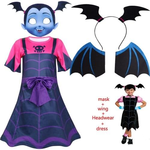 Kids Girls Purple rose red Bat Vampire Princess Dress easter Costume Witch Clothes with Wing Headband Halloween Role Play Clothe