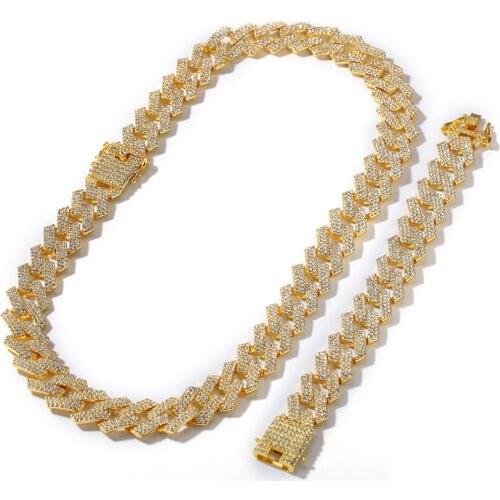 Hip Hop Mens Gold Color Thick Chain Cuban Necklace Alloy 3 Rows Of Zircon Hip Hop For Men