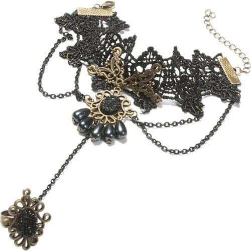 JOUVAL Gothic Bracelet for Women Black Lace Finger Chain Bracelet&Bangle Rose Charm Steampunk Jewelry Lady Vintage Accessory