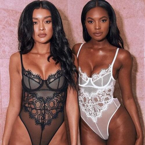 Hot Selling Sexy Lace Lingerie Hollowing Out Strap Buckle Onesies Women Underwear Pajama Black White 2XL
