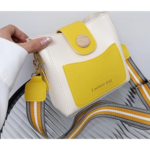 Small Leather Bucket Shoulder Bags for Women Contrast Color Messenger Bag Lady Broadband Crossbody Bags Casual Designer Handbags