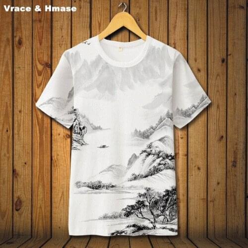 Chinese style landscape painting printing boutique short sleeve t-shirt Summer 2018 New personality quality t shirt men S-6XL