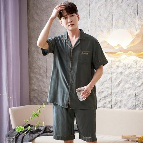 Men Pajamas Woven Strip Fabric Sleepwear Men Summer Home Clothes Plus Size M-3XL Lapel Cardigan Young Male Homewear Set