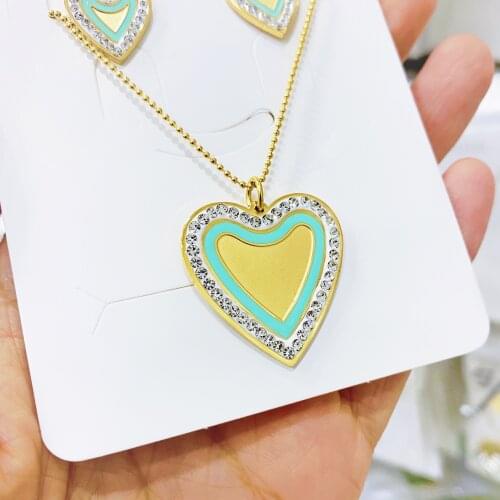 Stainless Steel set Classic Heart Pendant Necklaces Women Men Hip Hop Jewelry Blue Color Include Chain Rhinestone Necklace Gifts