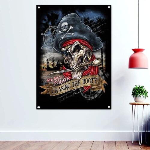 "CHASING THE BOOTY!" Pirate Flag Wall Art Tapestry Wall Decor Skull Poster Polyester Hanging Cloth Banner With Four Metal Buckle