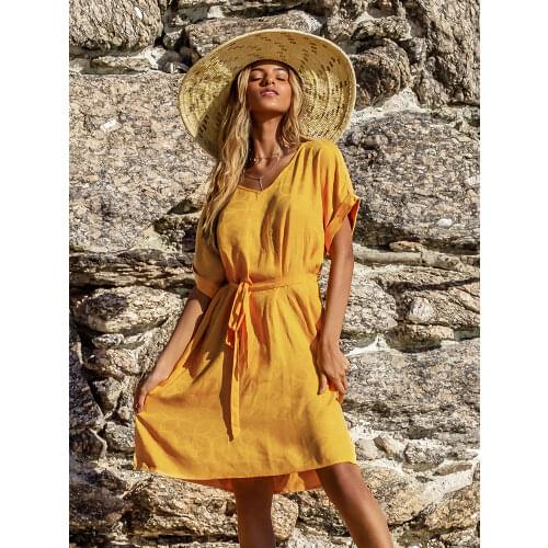 CUPSHE Solid Yellow Side Slit Mini Dress with Belt Woman Sexy V-neck Short Sleeve Dress 2021 Girls Summer Sundress Vestidos