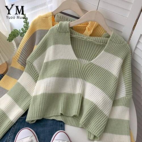 YuooMuoo Autumn Knitted Striped Sweater Women Casual Hooded Pullovers Sweater Streetwear Sweatshirt Knitwear Girl Jumper Tops