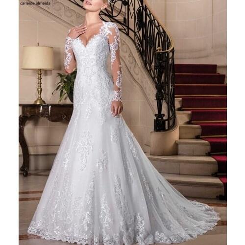 Vestido de noiva Long Sleeves Mermaid Wedding Dress Unique Lace Pearls Bride Dress 2018 Trouwjurk Chapel Train Abiti da sposa