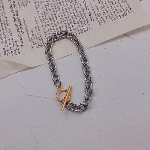 Punk Steel Thick Chain Bracelet Women Men Geometric Chain Gold OT Buckle Bracelet Set Jewelry Gift C