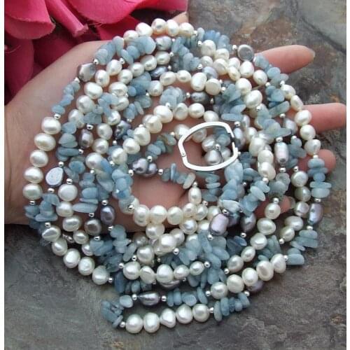 YYGEM 93" natural Genuine Aquamarine chips White Baroque freshwater Pearl long Necklace Handmade Jewelry Gift