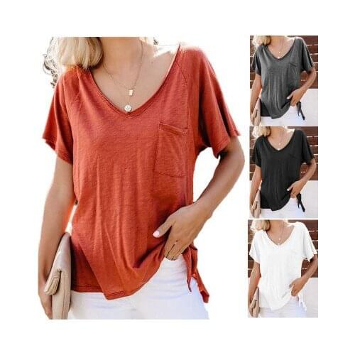 Women Tops Solid Color V-neck Mixed Cotton Short-sleeved T-shirt Ladies Solid Color Loose All-match Pullover Large Size Top Crop