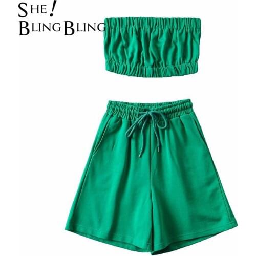 SheBlingBling Za Woman 2021 Traf Tracksuit Sports Suits Summer Slim Crop Tube Tops Elastic Waist Shorts Casual 2 Piece Set Femme