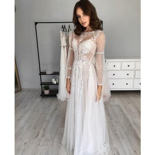2021 wedding dress Boho Long Sleeve A-Line Floor Length Tulle For Women Bridal Gowns Lace Appliques Princess Vintage CIvil