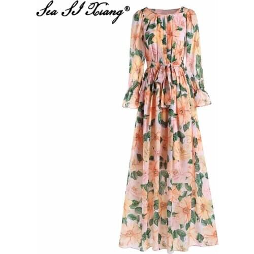 Seasixiang Fashion Designer Summer Chiffon Maxi Dress Womens Lace Up Flare Sleeve Floral Print Bohemia Long Dresses