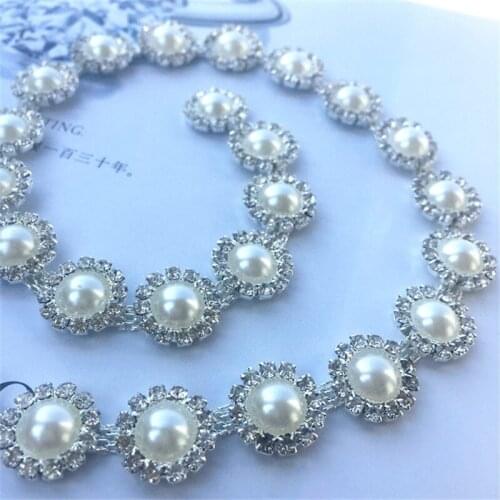 1Meter Clear Rhinestone Pearls Crystal Silver Tone Chain Costume Applique Trims Sewing 1.4cm RT0079