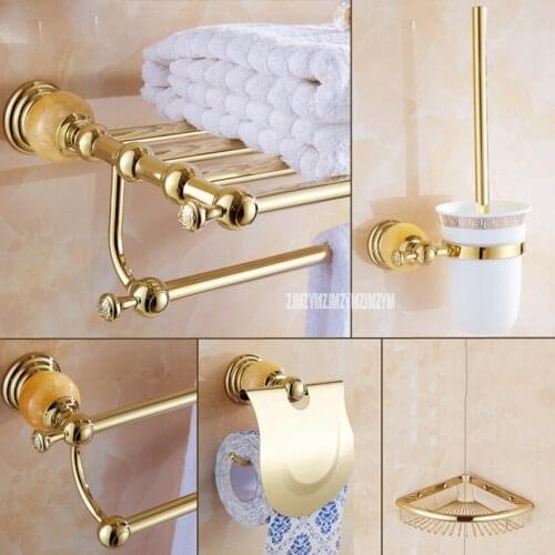 5 in 1 Gold Polish Stainless Steel Wall Mounted Bath Bathroom Sets Towel Rack Storage Cloth Shelf Towe Bar Toilet Brush Holder