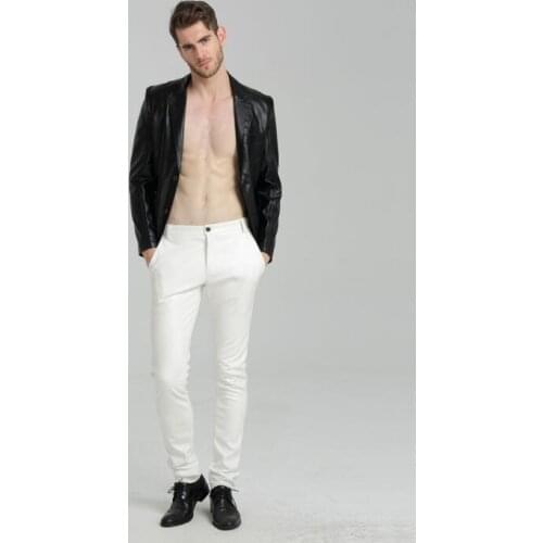 Thin faux leather pants mens feet pants fashion motorcycle pu trousers for men personality pantalon homme waterproof white black