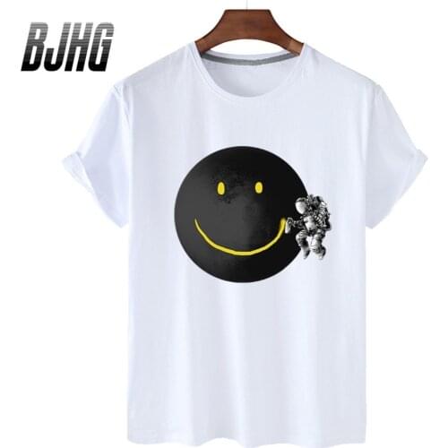 100% Cotton Astronaut Smiley Face Print Short-sleeved T-shirt Female Half-sleeved Summer Casual Oversized T-shirt Ladies Shirt