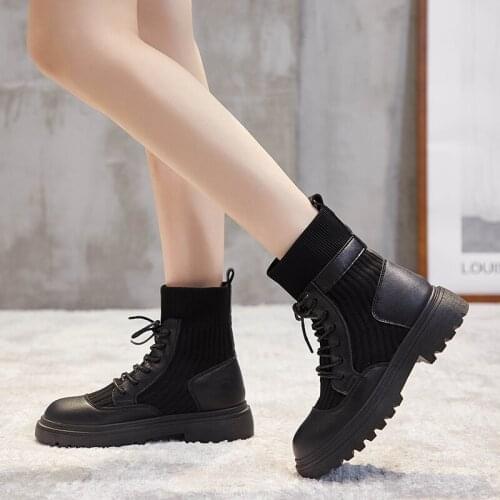 Classic High-top Womens Shoes Stitching Leather Martin Shoes Woven Socks Boots Comfortable Outdoor Boots Standard Size 35-40