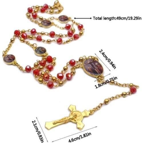 Cross Pendant Rosary Necklace Christian Religion Jesus Glass Crystal Chain Charm U2JC