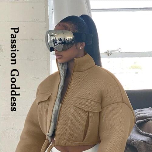 Cool Women Bomber Jackets Big Pockets Cargo Crop Jacket Outwear Drawstring Zipper Stand Collar Grid Crooped Jacket Loose OutCoat