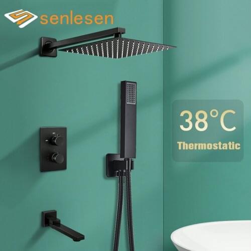Senlesen Matte Black Thermostatic Concealed Bathroom Shower Set Hot and Cold Water Mixer Tap 3-way Rainfall Shower Head