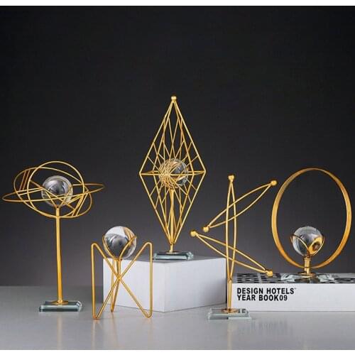 Handmade Metal Crafts With Crystal Ball Home Office Decoration Ornament Creative Geometric Miniature Model Desktop Decor Gifts