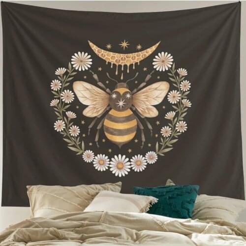 Honey Floral Bee Tapestry Wall Hanging Daisy Flower Wall Decor Tapestries Drom Room Hanging Bedroom Wall Decor Black Tapestry