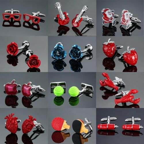 Novelty fashion shirt cuff links Red enamel cross Tongue Santa Claus rose Pen glasses Tennis design cufflinks whoelsale&retail