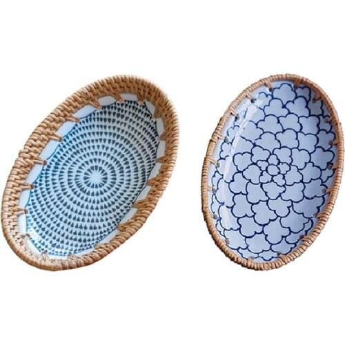 2PCS Rattan Porcelain Tray Wicker Bread Basket Food Plate Fruit Snack Platter Dinner Tray Organizer Baskets, B & A