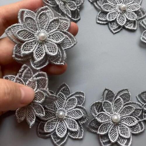 10X Soluble Gray Pearl Flower Lace Trim Polyester Embroidered Ribbon Fabric Sewing Supplies Craft Decor, DIY Handmade Materials