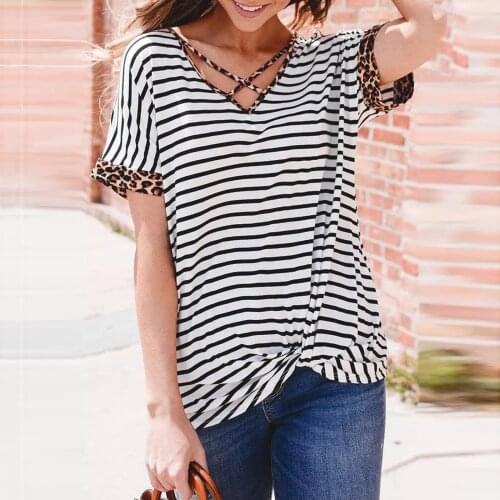 Plus Size Tops For Ladies Blusas Mujer De Moda Womens Summer Casual Striped Leopard Print Cross V Neck Short Sleeve Shirt Tops