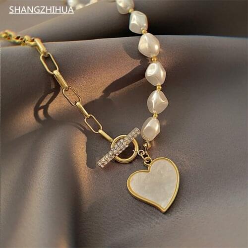 SHANGZHIHUA 2021 Trend Light Luxury Pearl Hollow Chain Clasp Necklace Heart Pendant Fashion Womens Necklace Party Gift Jewelry