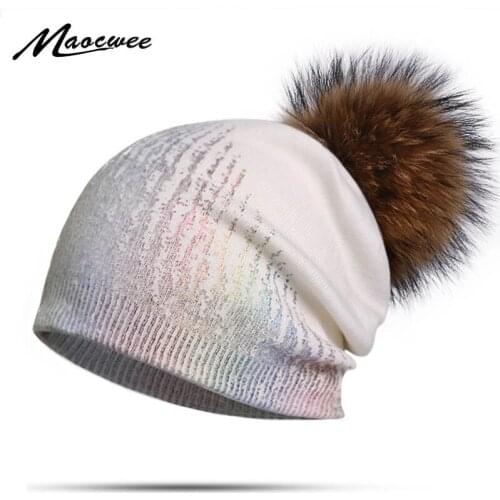 100% Real Fur Pompom Hat Women Knitted Beanies Hats Solid Black White Soft Warm Winter Twist Skullies Fluffy Pom Pom Caps Bones