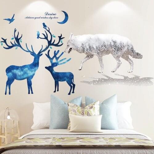 [SHIJUEHEZI] Wolf Animals Wall Stickers DIY Blue Deer Mural Decals for Kids Bedroom Baby Room Nursery Home Decoration