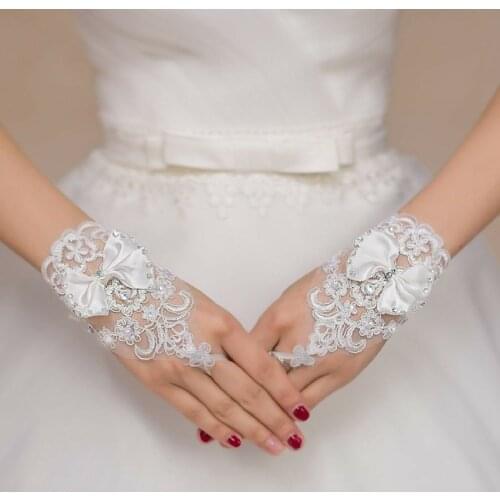 Off white butterfly beads wedding lace gloves bridal floral lace gloves