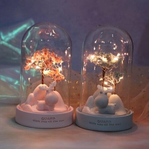 LED Deer Cartoon Night Light Glass Resin Floral Lamps Fairy Lights Bedroom Decor Lights Children Baby Kids Birthday Xmas Gift