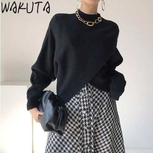 WAKUTA Stand Neck Black Irregular Criss-cross Sweaters Women 2021 Ins Fashion Harajuku Casual Knitted Pullover Streetwear 9G071