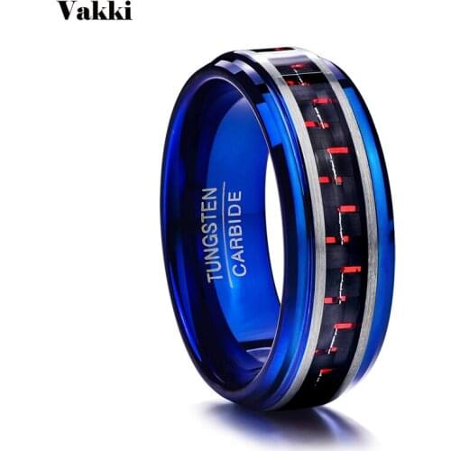 VAKKI Full Size 7-12 Vintage Men Rings Inlaid Red Carbon Fiber Blue Tungsten Carbide Ring 8MM Anillos