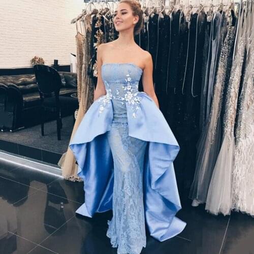 Eightree Gorgeous Strapless Blue Prom Dresses with Detachable Train Lace Formal Evening Dress Satin Appliques Prom Party Gown