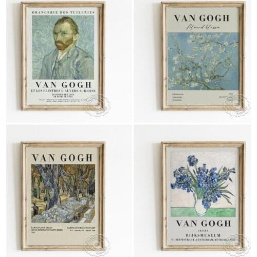 Vincent Van Gogh Exhibition Poster, Almond Blossoms Art Prints, The Large Plane Trees Wall Picture, Vase Of Irises Wall Decor